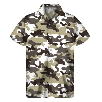 Brown And White Camouflage Print Men's Short Sleeve Shirt