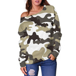 Brown And White Camouflage Print Off Shoulder Sweatshirt GearFrost