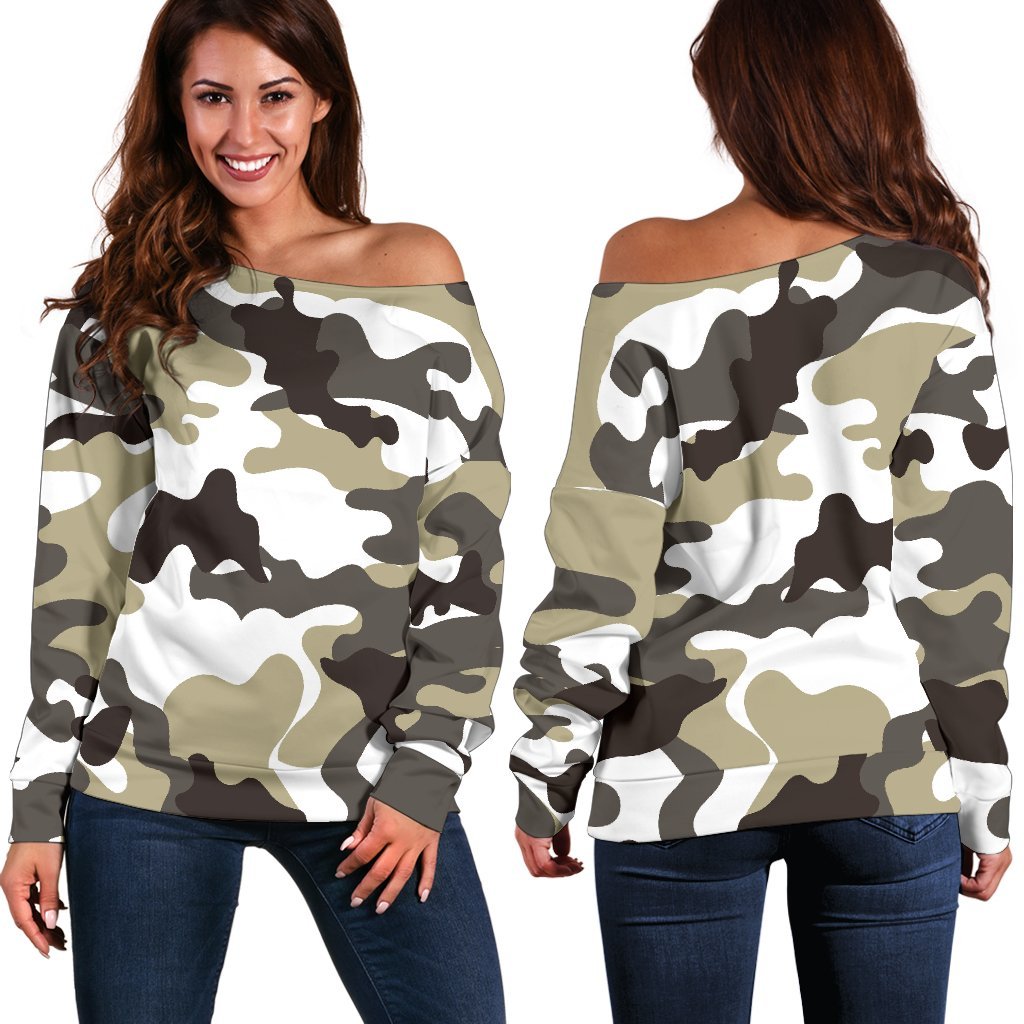 Brown And White Camouflage Print Off Shoulder Sweatshirt GearFrost