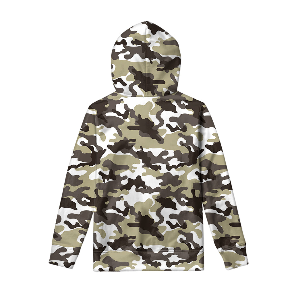 Brown And White Camouflage Print Pullover Hoodie