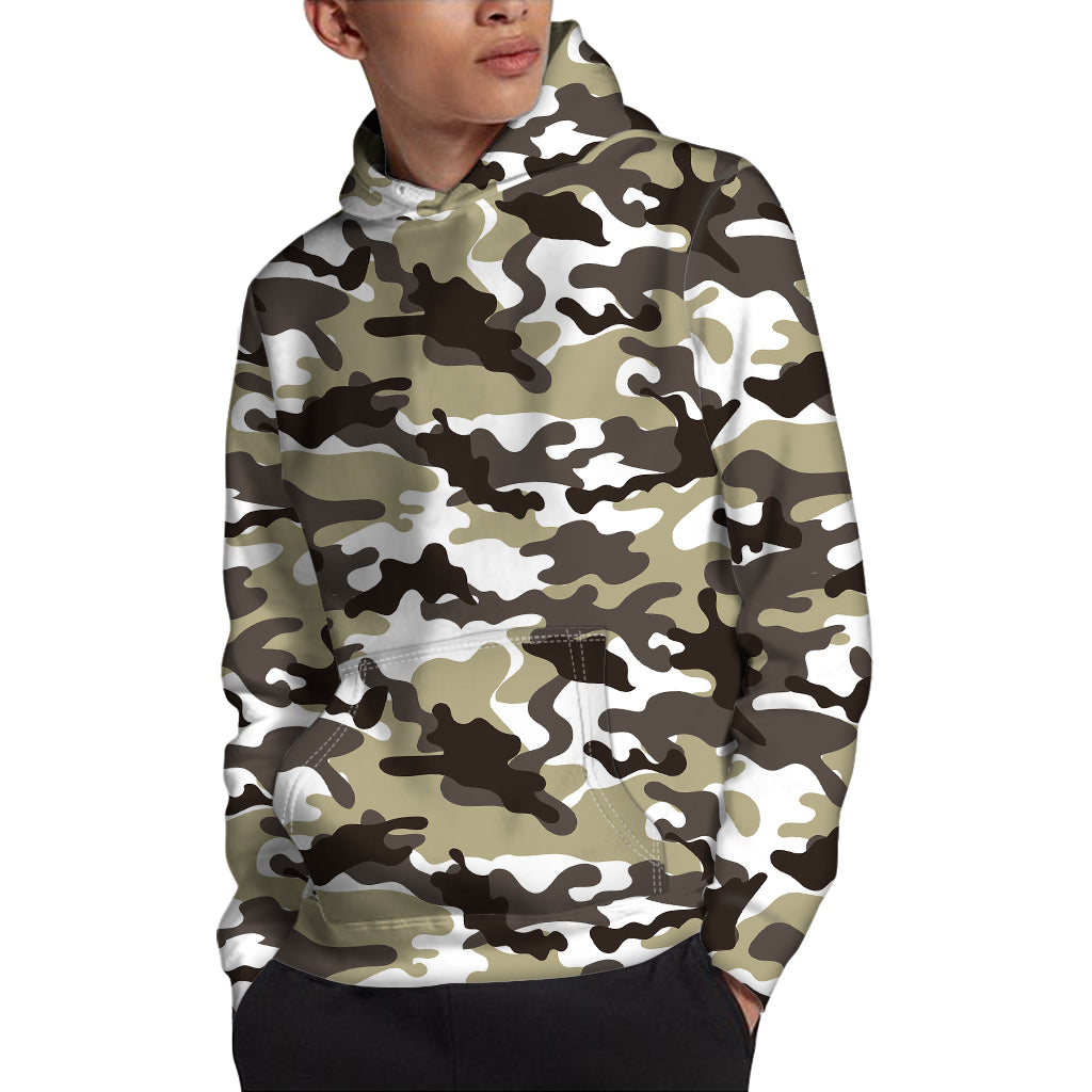 Brown And White Camouflage Print Pullover Hoodie