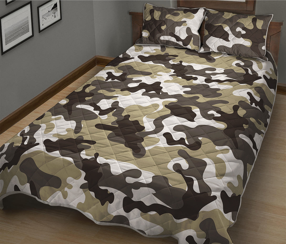 Brown And White Camouflage Print Quilt Bed Set