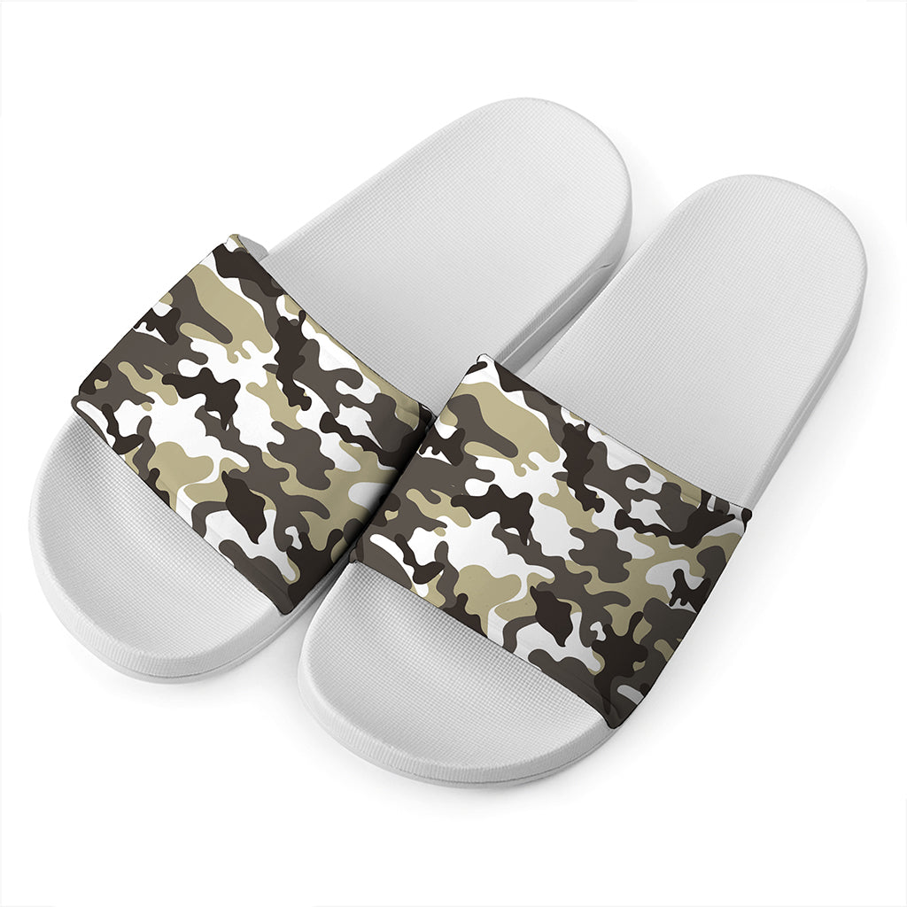Brown And White Camouflage Print White Slide Sandals