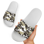 Brown And White Camouflage Print White Slide Sandals