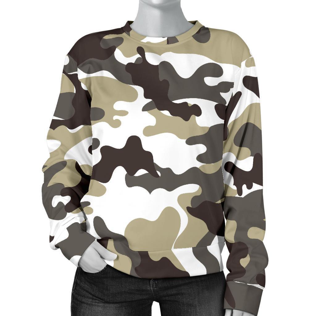 Brown And White Camouflage Print Women's Crewneck Sweatshirt GearFrost