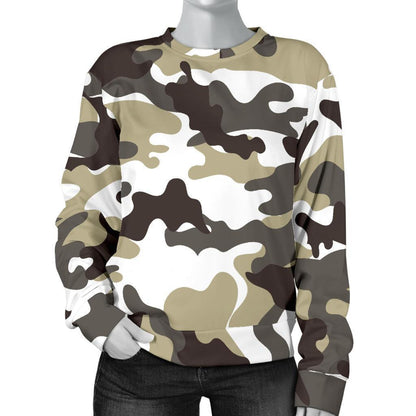 Brown And White Camouflage Print Women's Crewneck Sweatshirt GearFrost