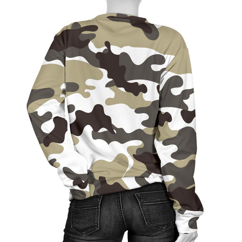 Brown And White Camouflage Print Women's Crewneck Sweatshirt GearFrost