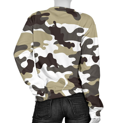 Brown And White Camouflage Print Women's Crewneck Sweatshirt GearFrost