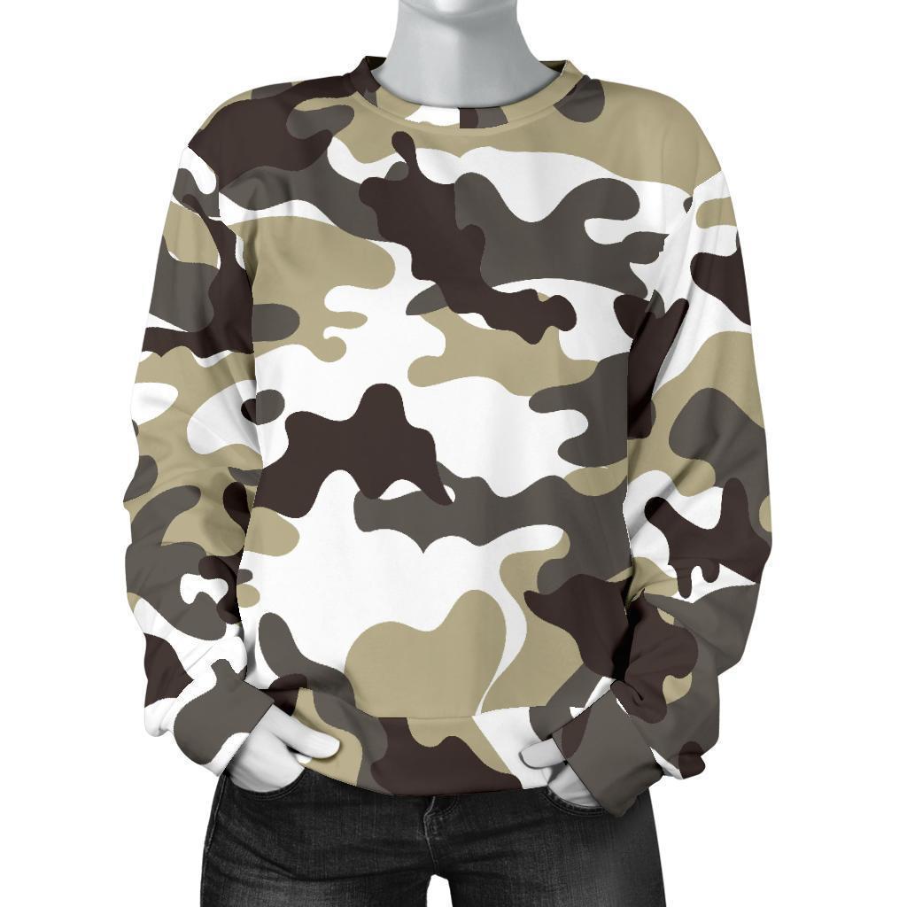 Brown And White Camouflage Print Women's Crewneck Sweatshirt GearFrost
