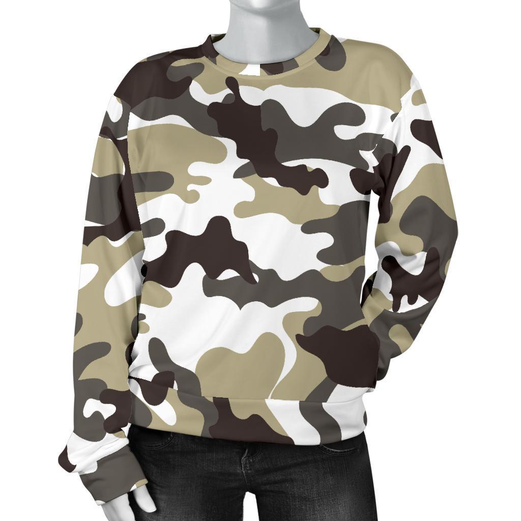 Brown And White Camouflage Print Women's Crewneck Sweatshirt GearFrost