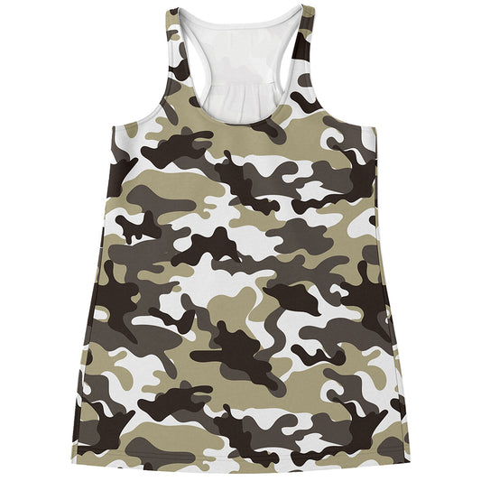 Brown And White Camouflage Print Women's Racerback Tank Top