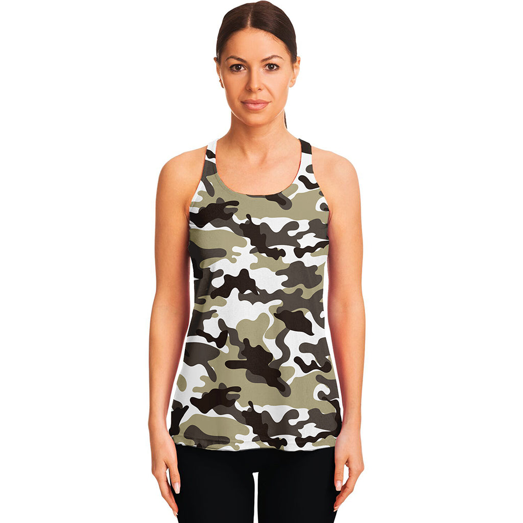 Brown And White Camouflage Print Women's Racerback Tank Top