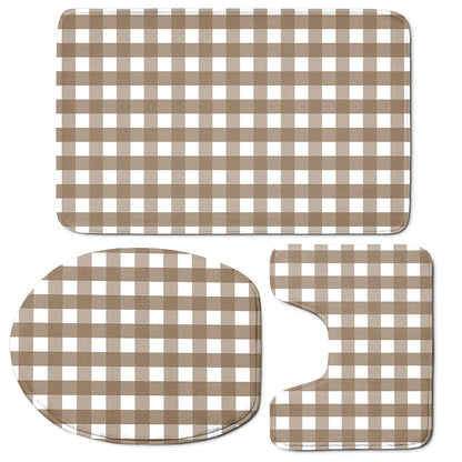 Brown And White Check Pattern Print 3 Piece Bath Mat Set