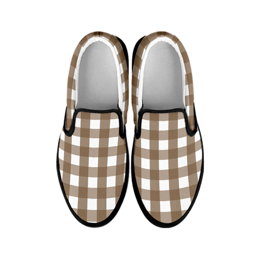 Brown And White Check Pattern Print Black Slip On Shoes
