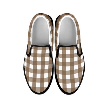 Brown And White Check Pattern Print Black Slip On Shoes