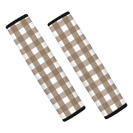 Brown And White Check Pattern Print Car Seat Belt Covers