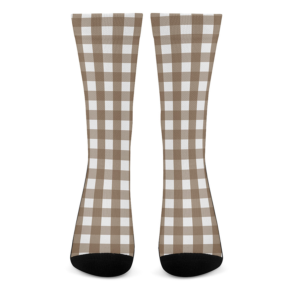 Brown And White Check Pattern Print Crew Socks