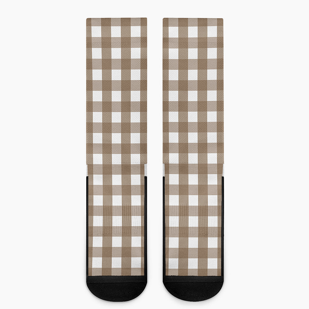 Brown And White Check Pattern Print Crew Socks