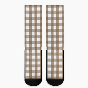 Brown And White Check Pattern Print Crew Socks