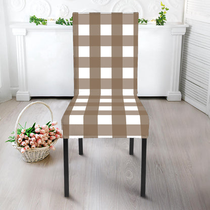 Brown And White Check Pattern Print Dining Chair Slipcover