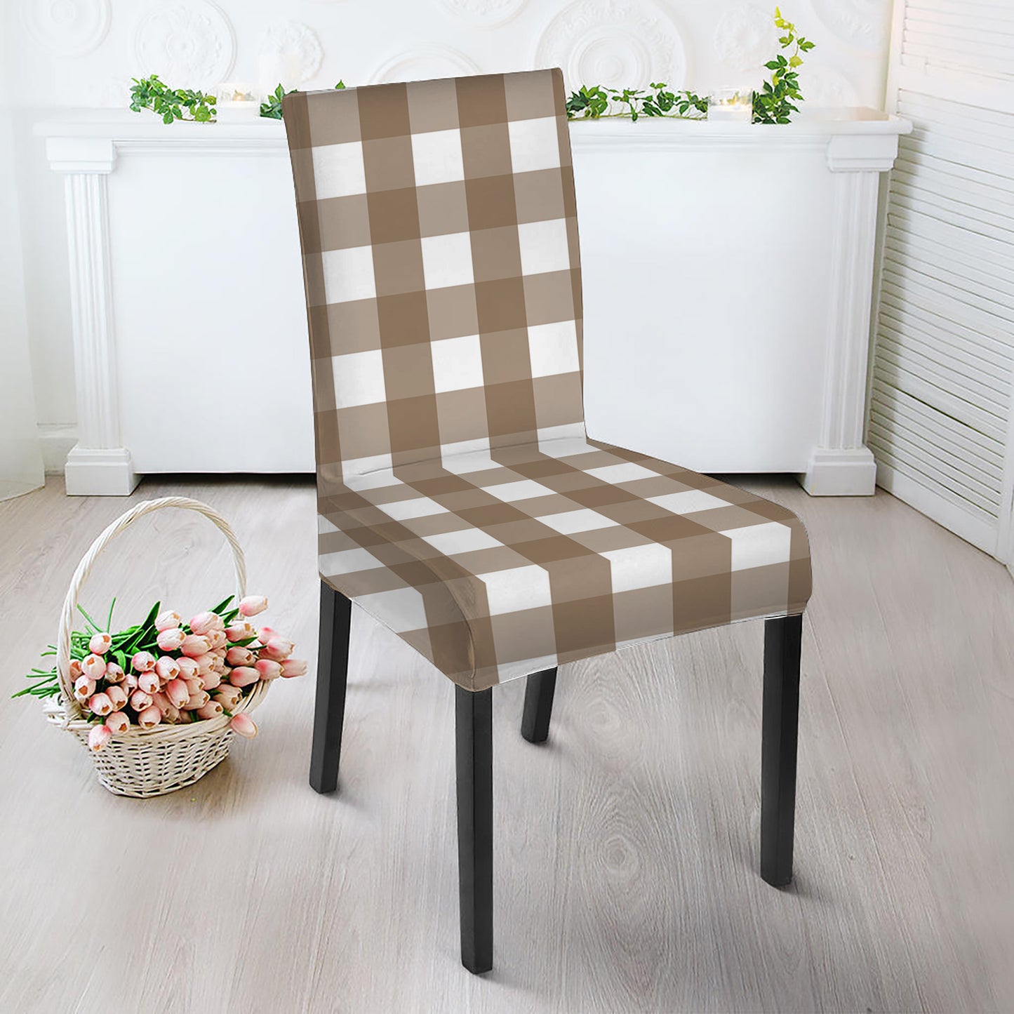 Brown And White Check Pattern Print Dining Chair Slipcover
