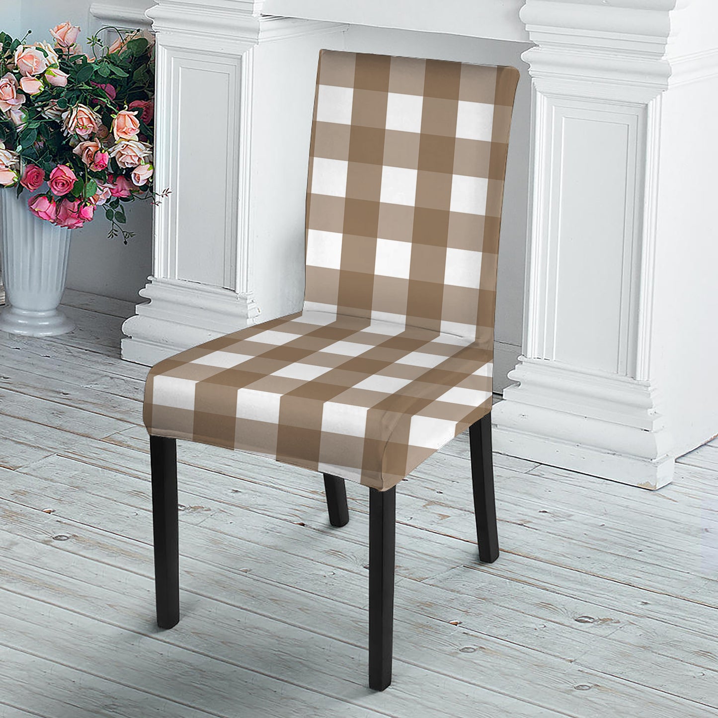 Brown And White Check Pattern Print Dining Chair Slipcover