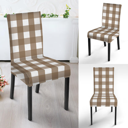 Brown And White Check Pattern Print Dining Chair Slipcover