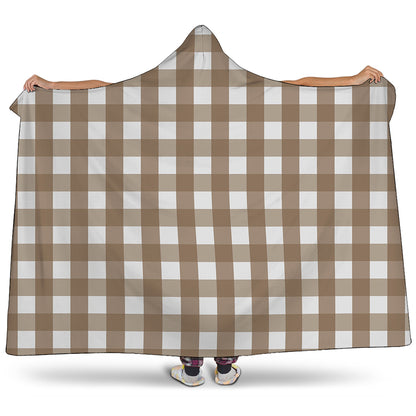 Brown And White Check Pattern Print Hooded Blanket
