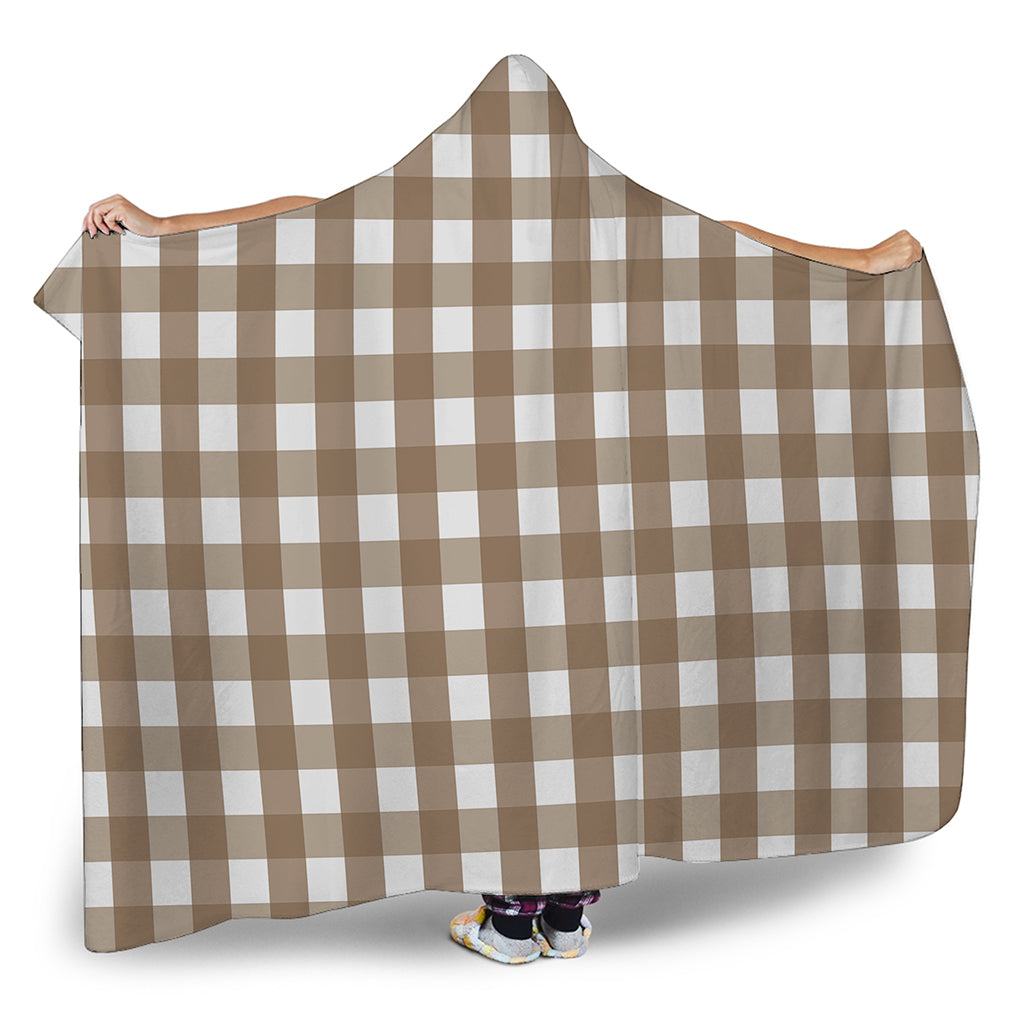 Brown And White Check Pattern Print Hooded Blanket