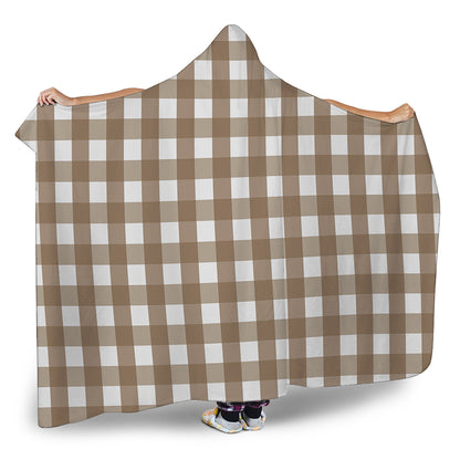 Brown And White Check Pattern Print Hooded Blanket