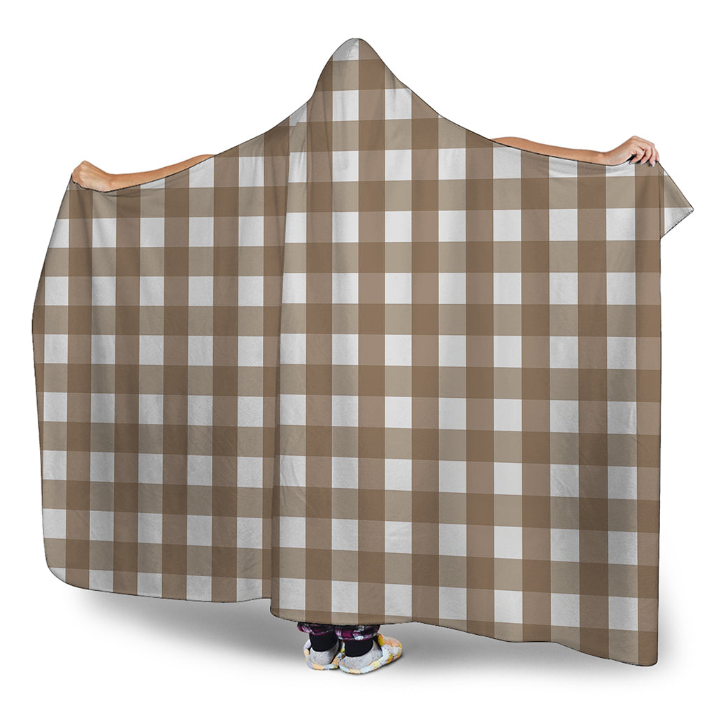 Brown And White Check Pattern Print Hooded Blanket