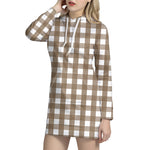 Brown And White Check Pattern Print Hoodie Dress
