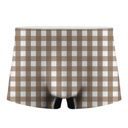 Brown And White Check Pattern Print Men's Boxer Briefs