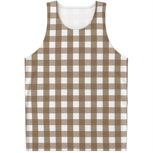 Brown And White Check Pattern Print Men's Tank Top