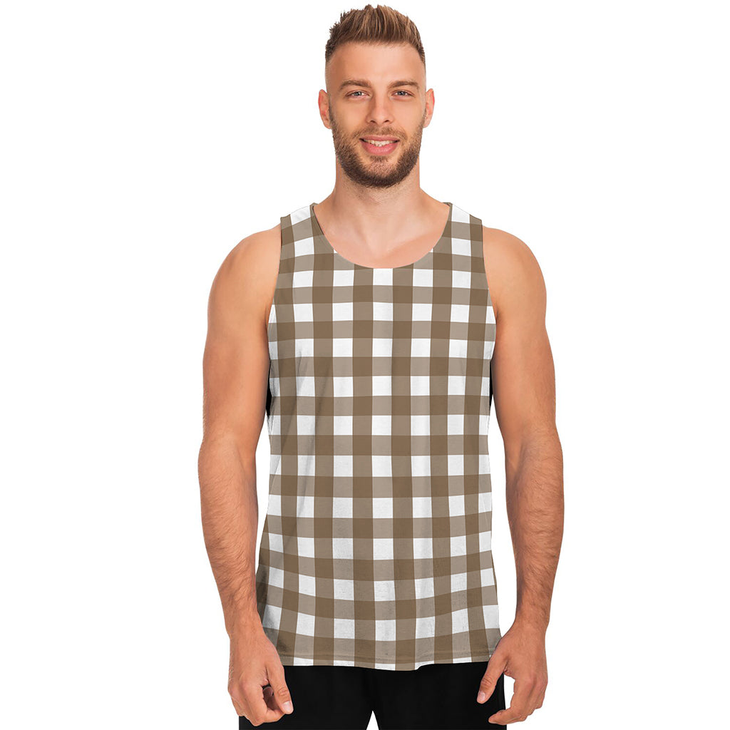 Brown And White Check Pattern Print Men's Tank Top