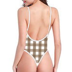 Brown And White Check Pattern Print One Piece High Cut Swimsuit