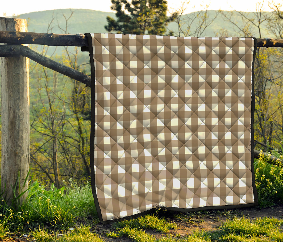 Brown And White Check Pattern Print Quilt