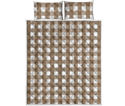 Brown And White Check Pattern Print Quilt Bed Set