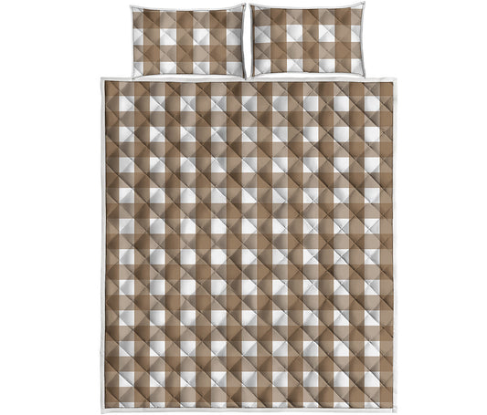 Brown And White Check Pattern Print Quilt Bed Set