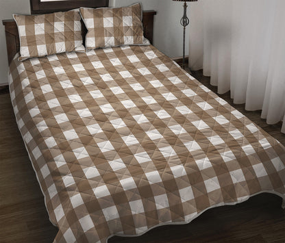 Brown And White Check Pattern Print Quilt Bed Set