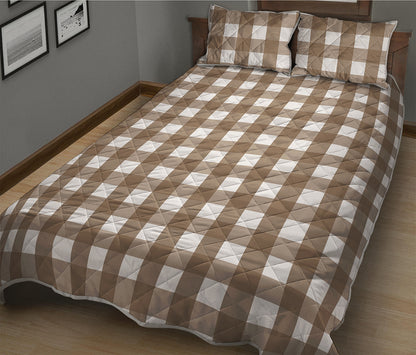 Brown And White Check Pattern Print Quilt Bed Set