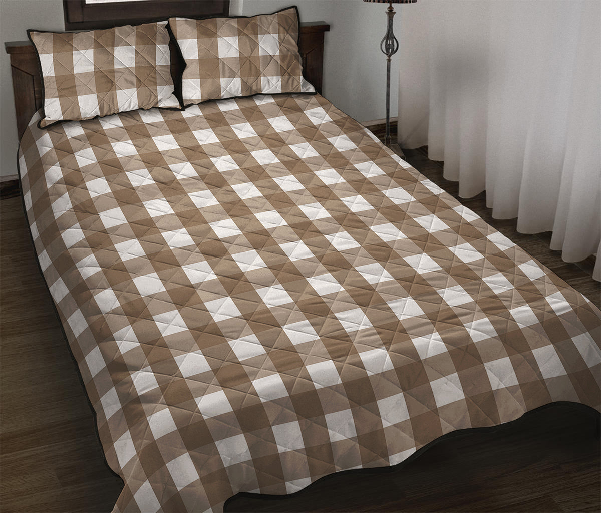 Brown And White Check Pattern Print Quilt Bed Set