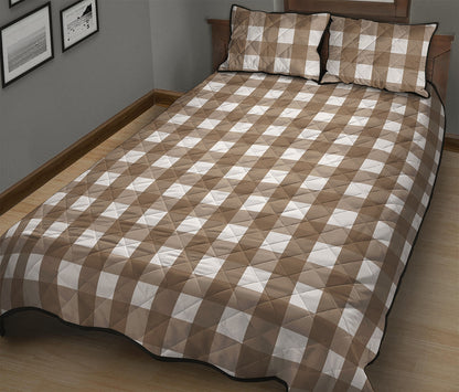Brown And White Check Pattern Print Quilt Bed Set