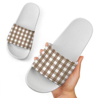 Brown And White Check Pattern Print White Slide Sandals