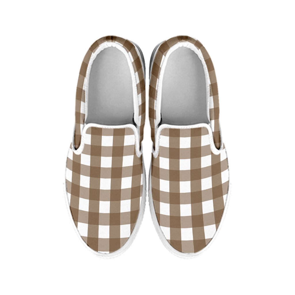 Brown And White Check Pattern Print White Slip On Shoes