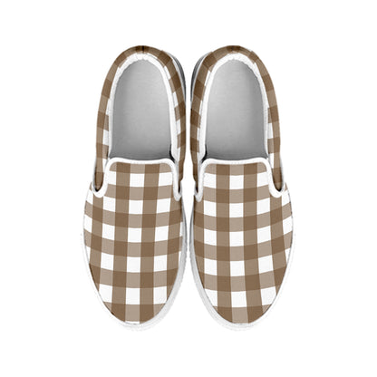 Brown And White Check Pattern Print White Slip On Shoes