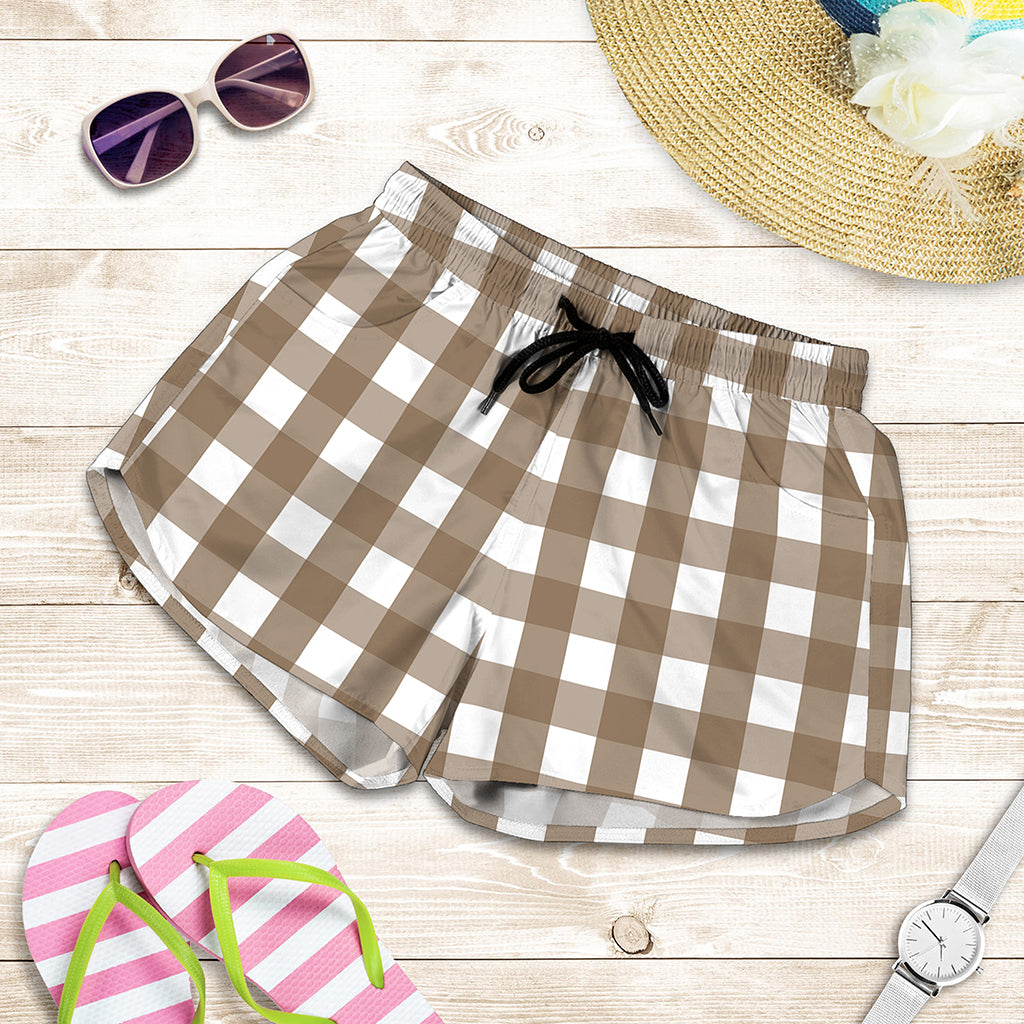 Brown And White Check Pattern Print Women's Shorts