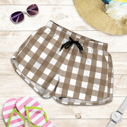 Brown And White Check Pattern Print Women's Shorts