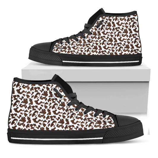 Brown And White Cow Pattern Print Black High Top Shoes