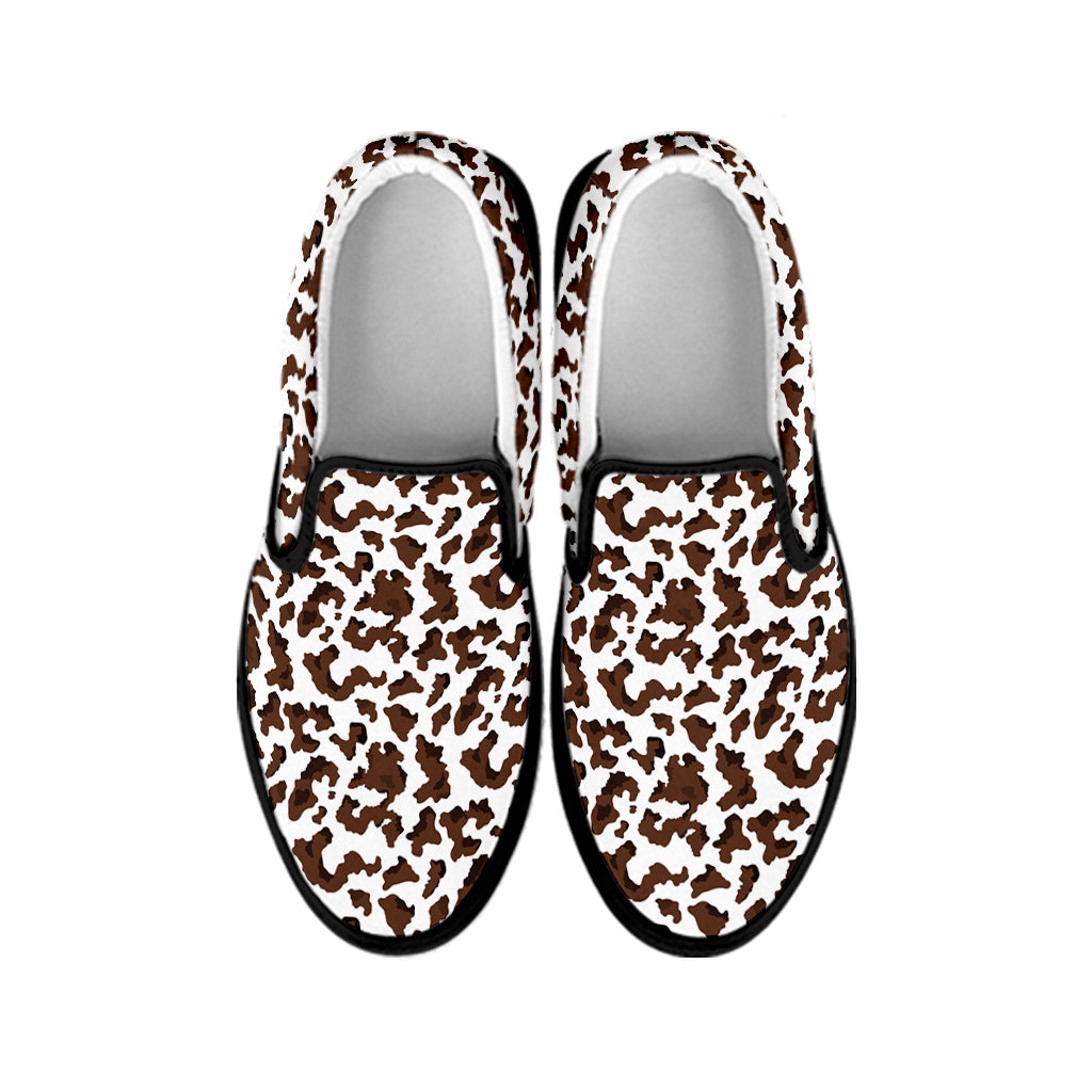 Brown And White Cow Pattern Print Black Slip On Shoes